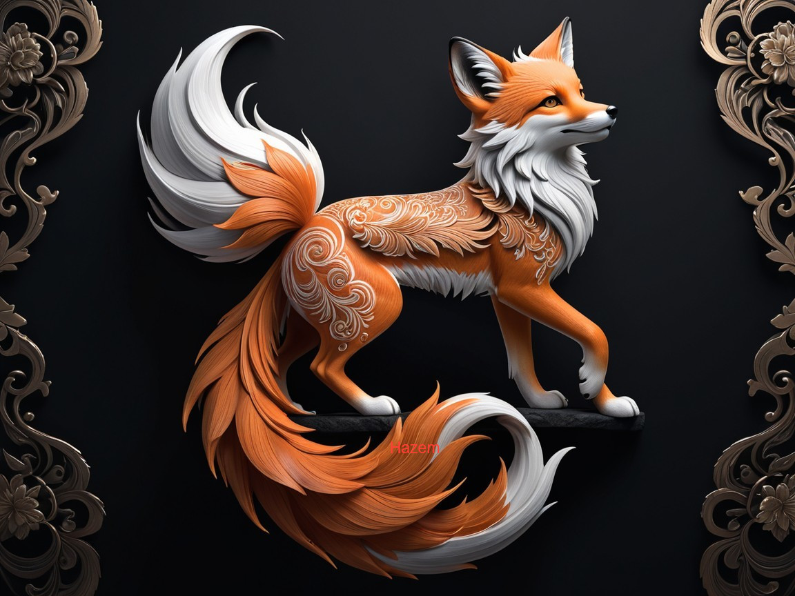 Stylized fox with floral patterns on dark background
