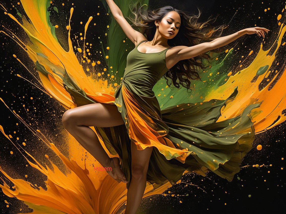Dancer in Flowing Dress with Vibrant Paint Splashes