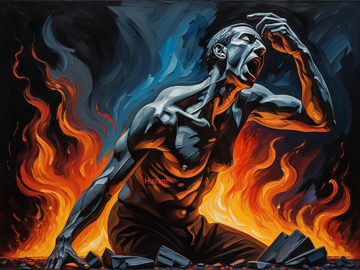 Muscular Figure in Flames Expressing Intense Emotion