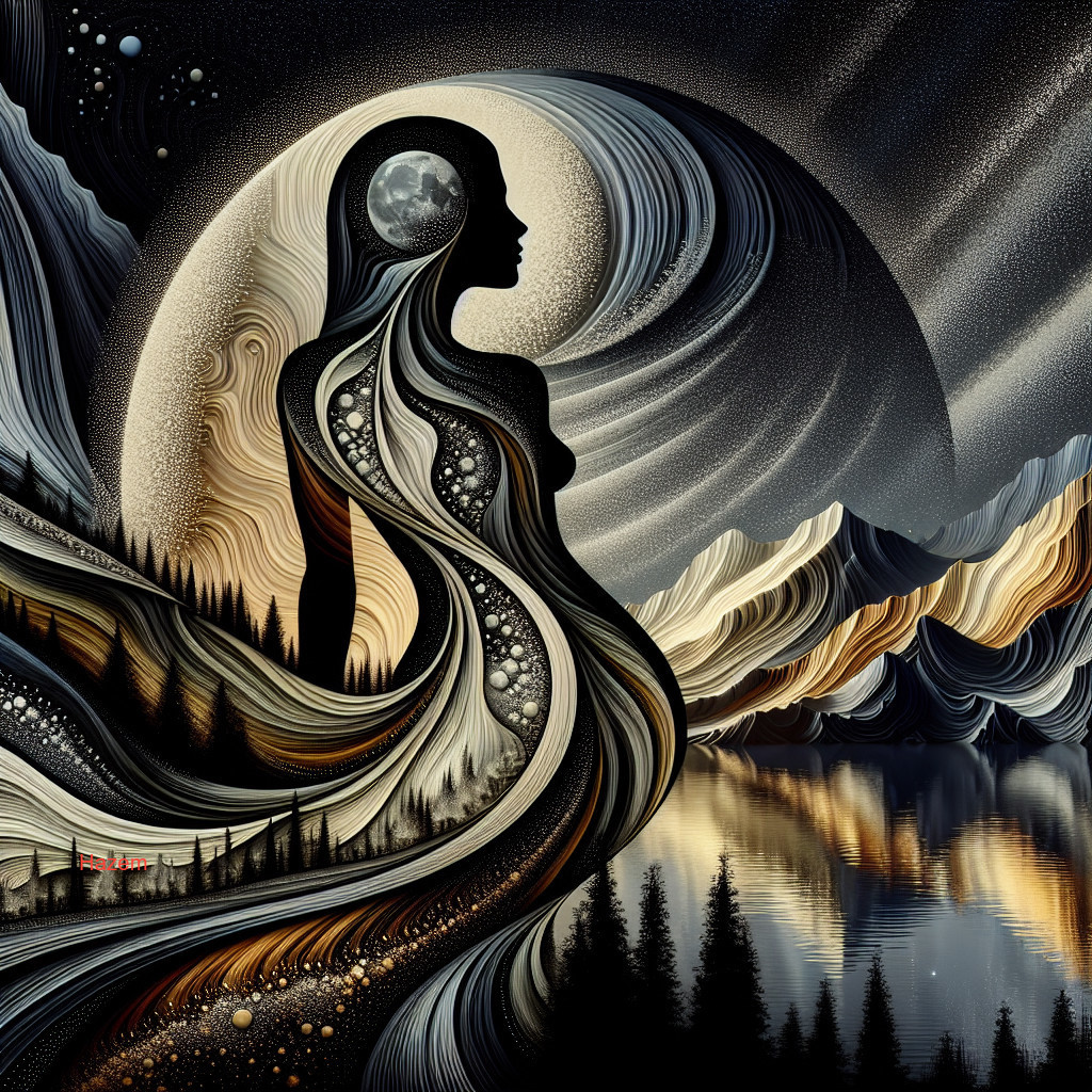 Silhouette of Woman in Cosmic Landscape with Moon