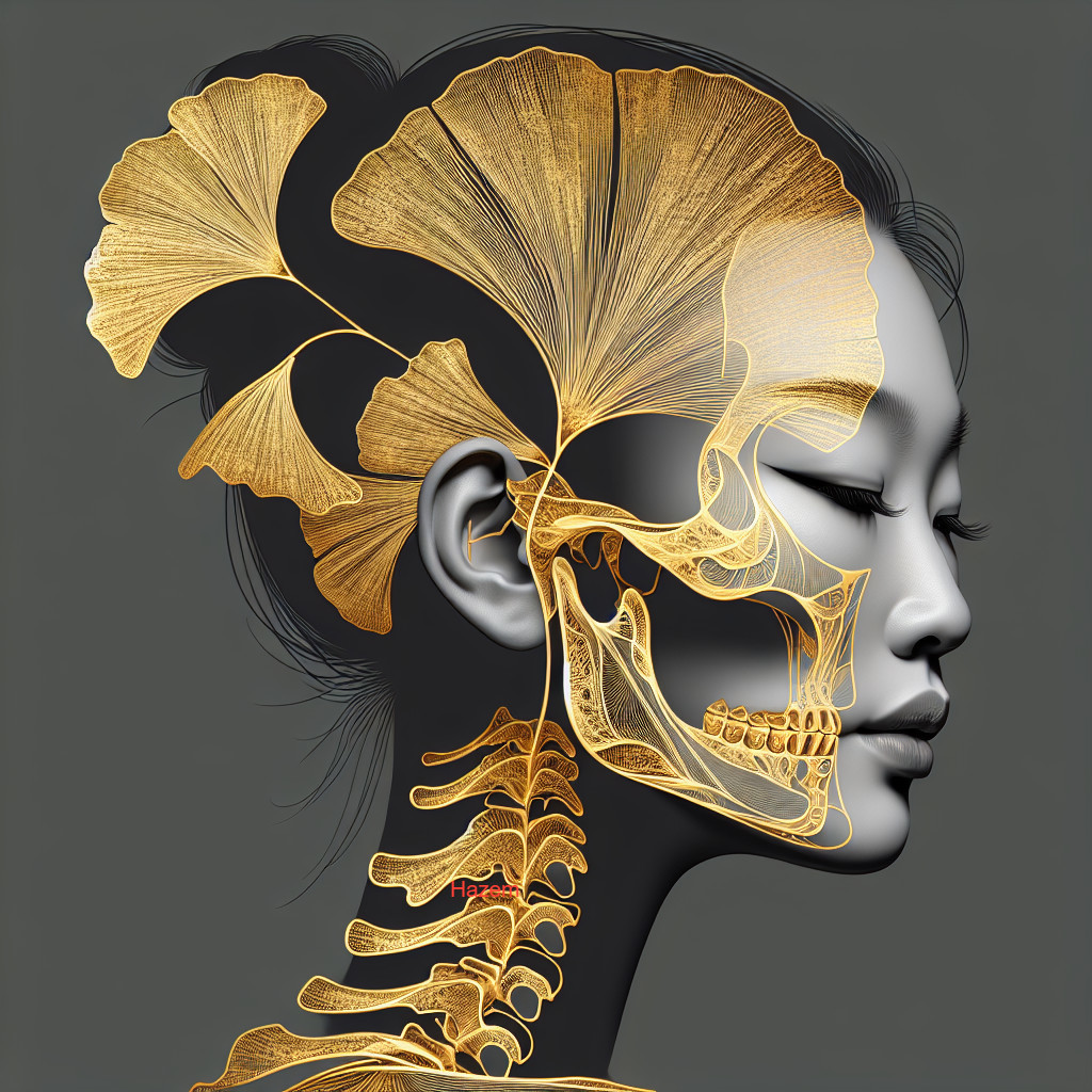 Profile of a Woman with Ginkgo Leaves and Skull Design