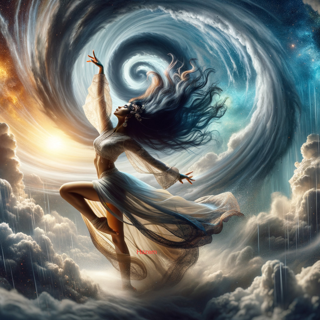Mystical Figure Dancing in Cosmic Clouds and Light