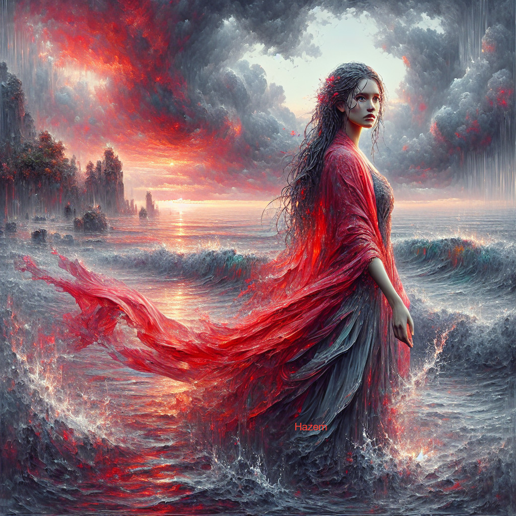 Mystical Figure by Turbulent Ocean with Dramatic Sky