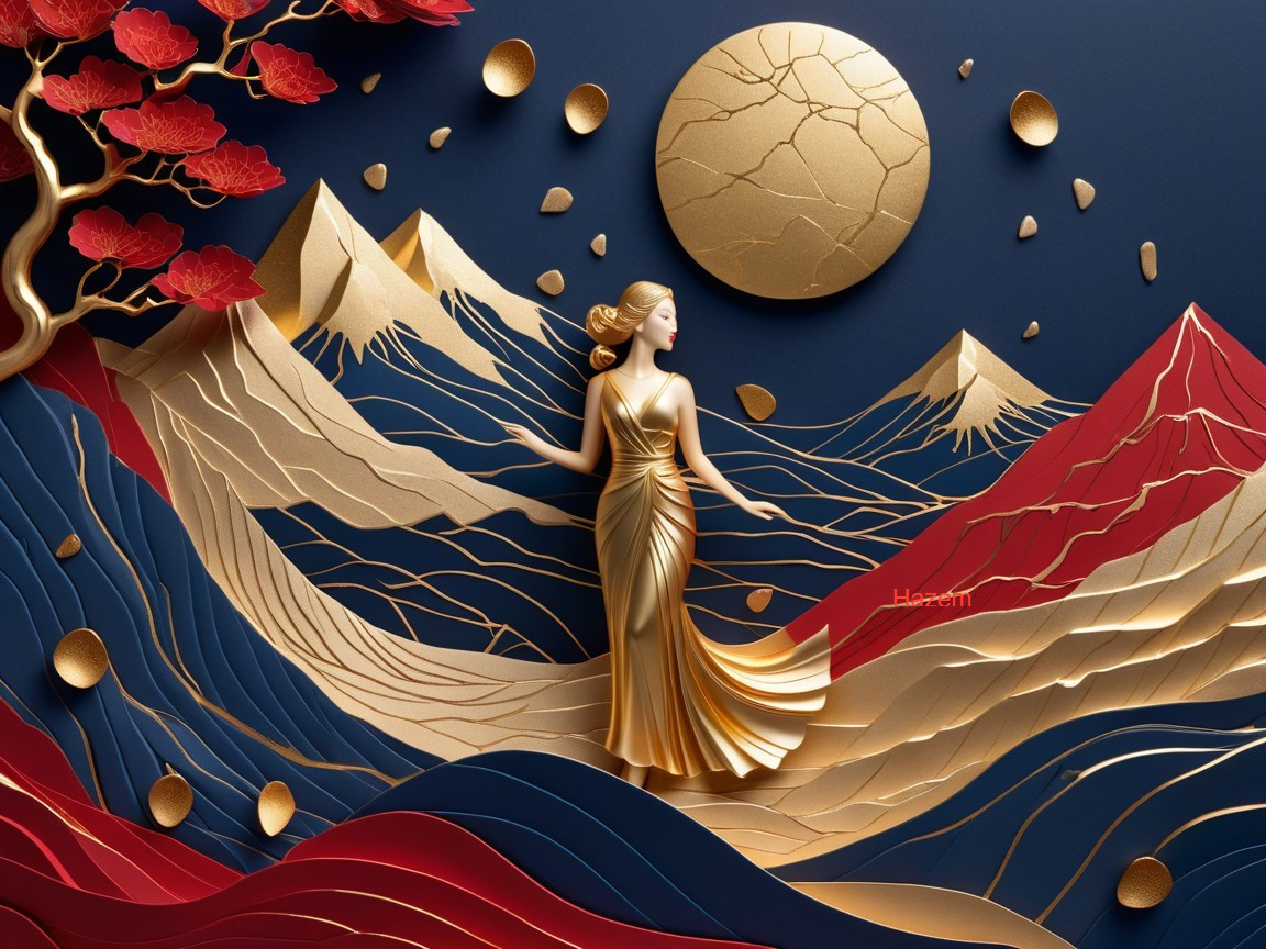 Three-Dimensional Scene with Golden Woman Figure