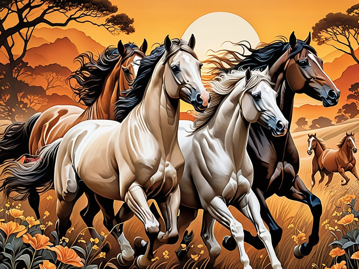 Stained Glass Painting of Wild Horses at Sunset