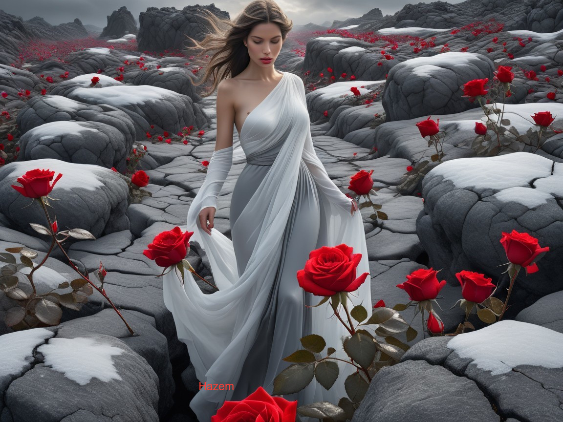 Woman in White Gown Amidst Dark Rocky Landscape