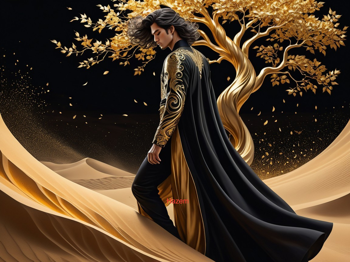 Desert Scene with Cloaked Figure and Golden Tree