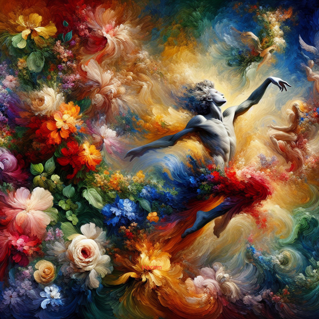 Ethereal Figure Dancing Amidst Colorful Floral Patterns