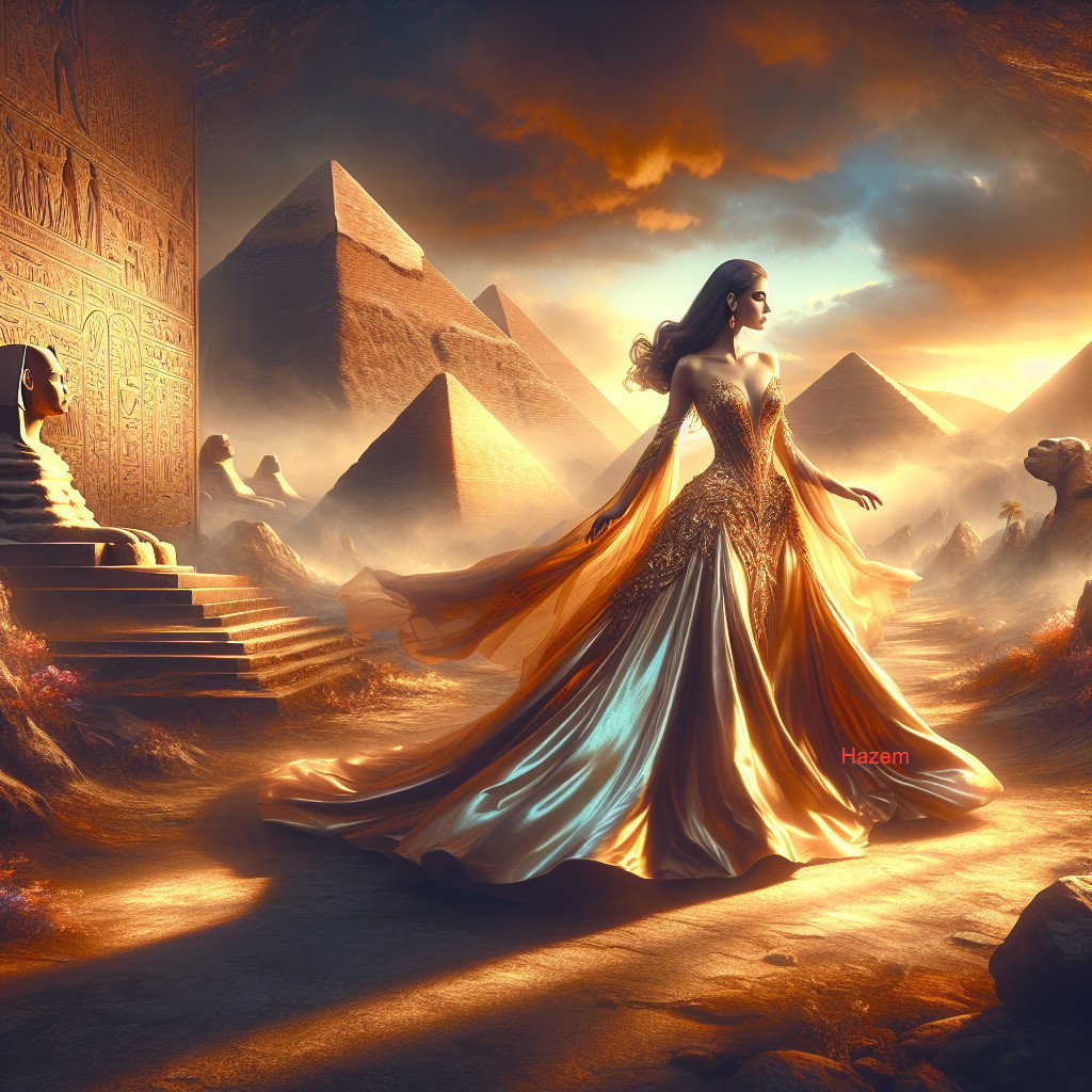 Elegant figure in gown among ancient pyramids and sphinxes