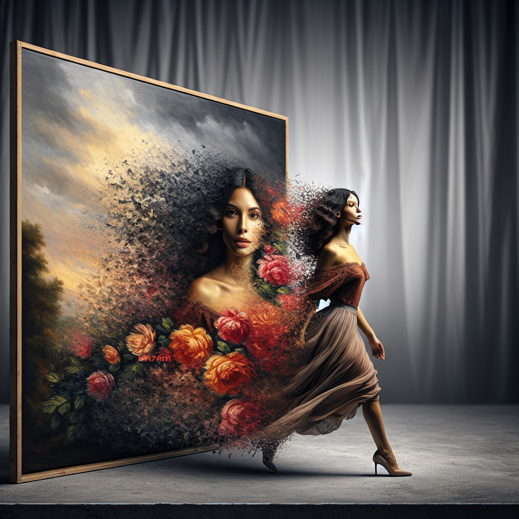 Woman Transitions from Painting to Reality with Roses