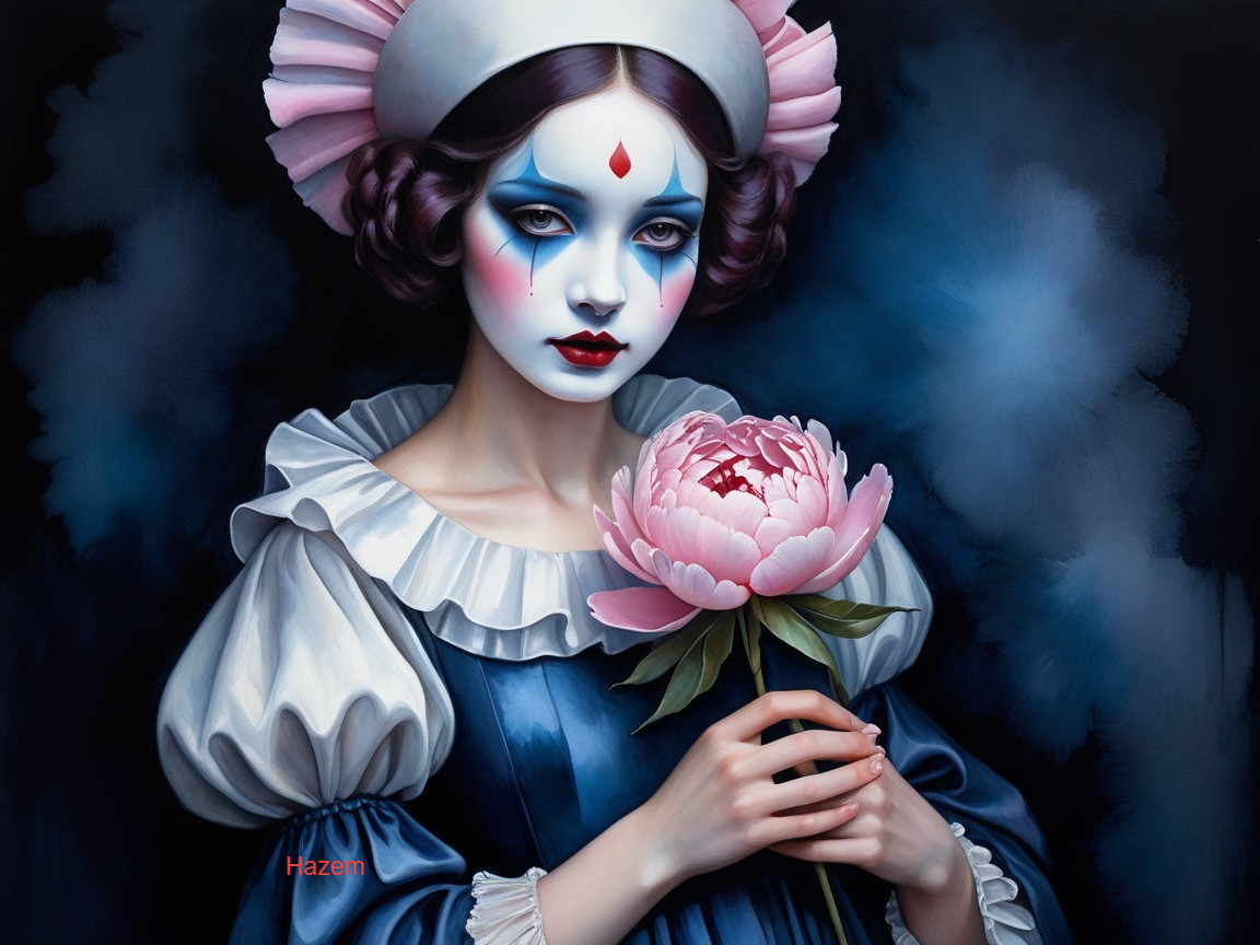 Ethereal Figure in Blue Gown with Pink Peony