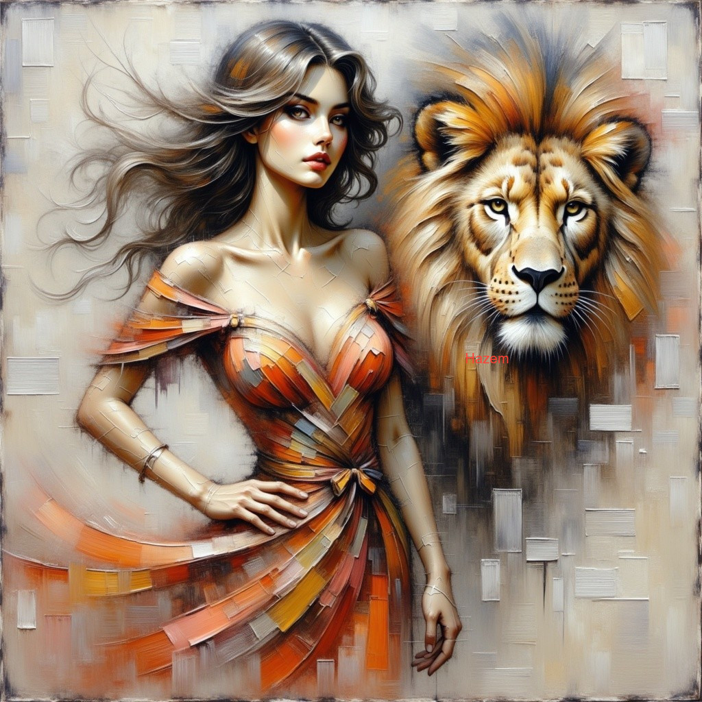 Elegant Woman in Orange Dress with Lion's Head