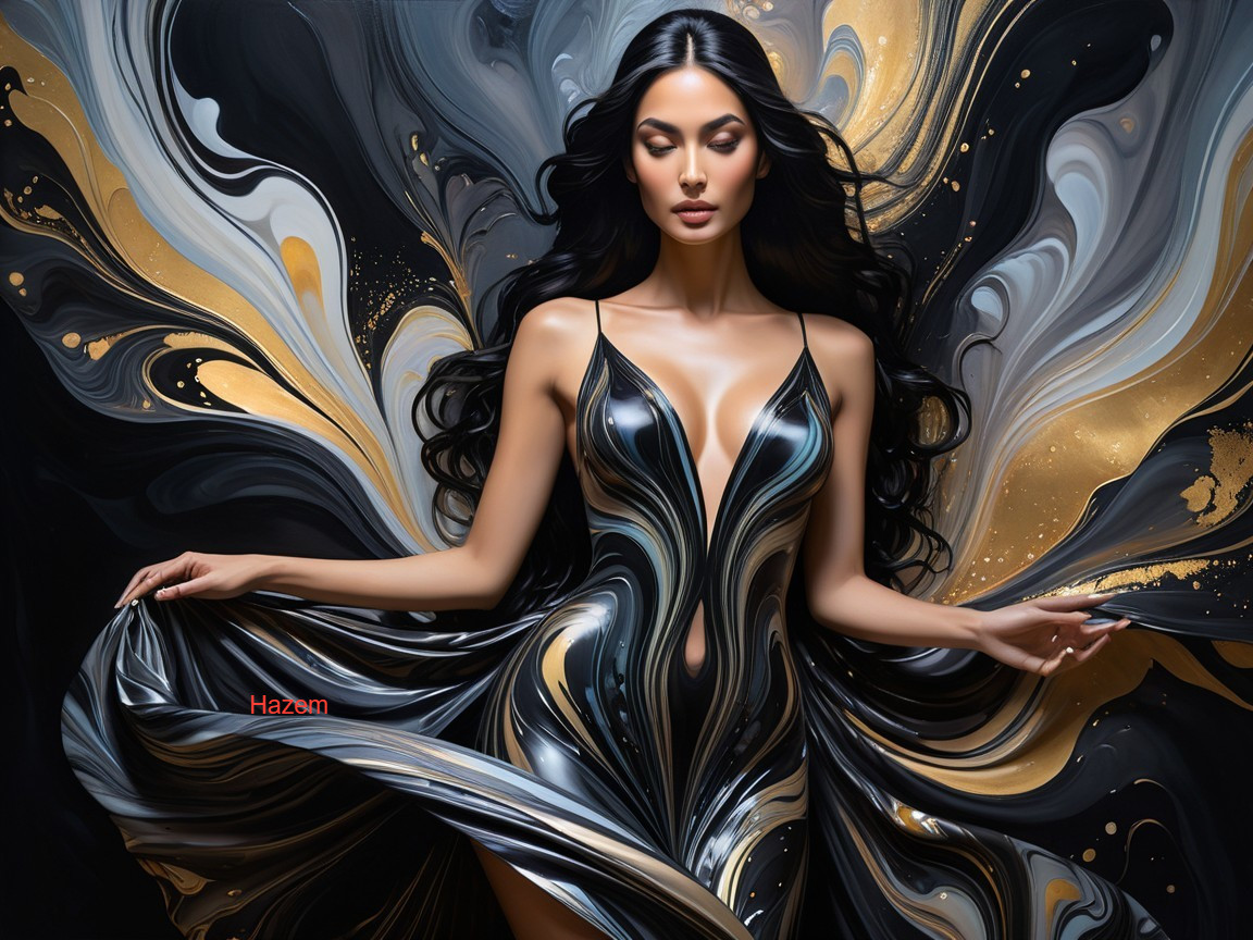 Striking Figure in Glossy Dress Amid Gold and Black Patterns