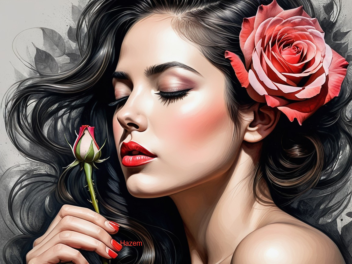 Young woman with rose and floral background elegance