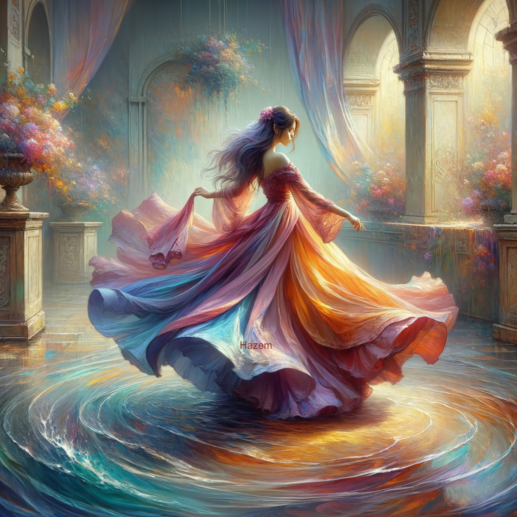 Graceful Figure in Flowing Dress in Enchanted Hall