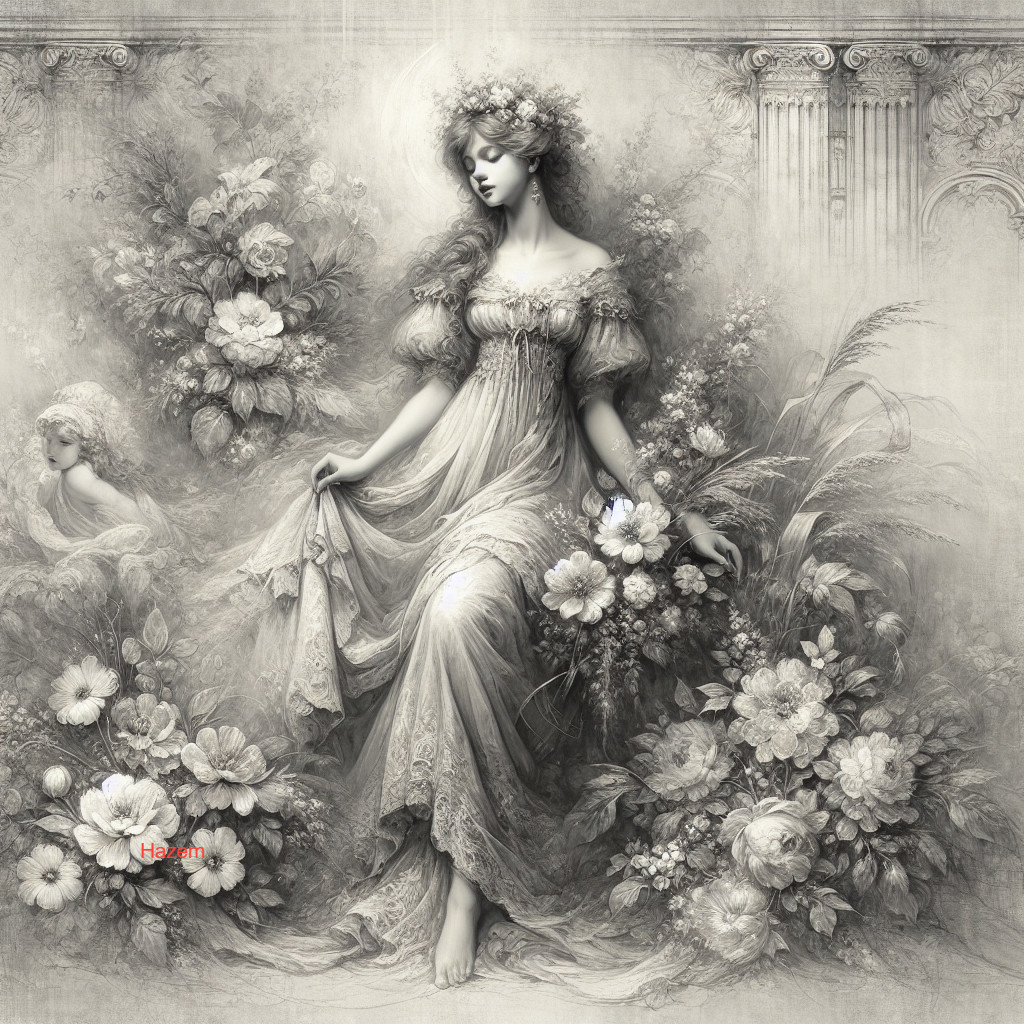 Ethereal Woman in Floral Setting with Classical Elements