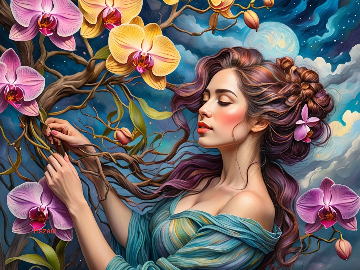 Portrait of a woman with orchids and a night sky