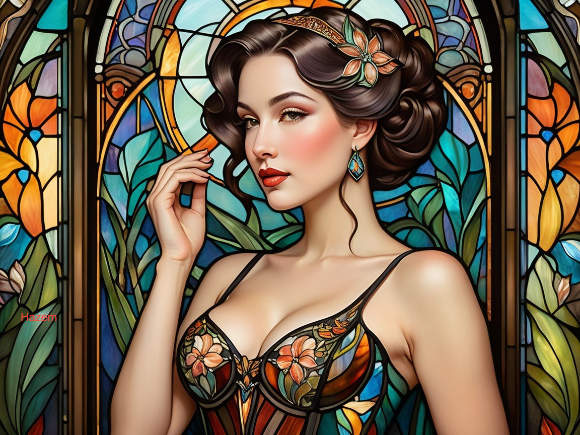 Elegant Woman Posing with Stained-Glass Backdrop