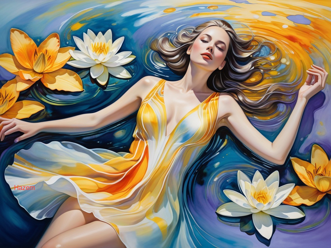 Woman Floating in Water Surrounded by Lilies