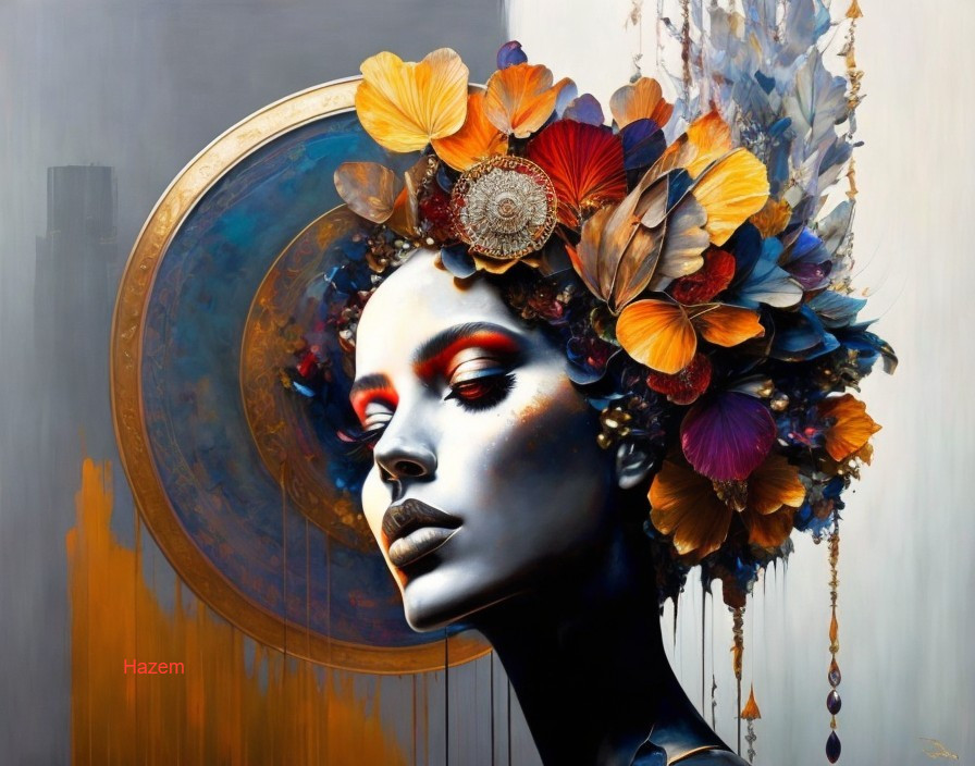 Blue-skinned woman with floral hair in golden-accented gray setting