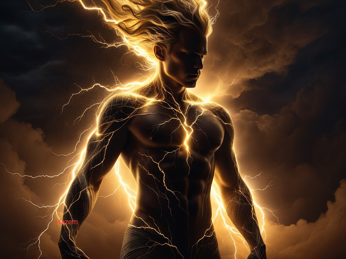 Powerful figure with golden hair and lightning backdrop