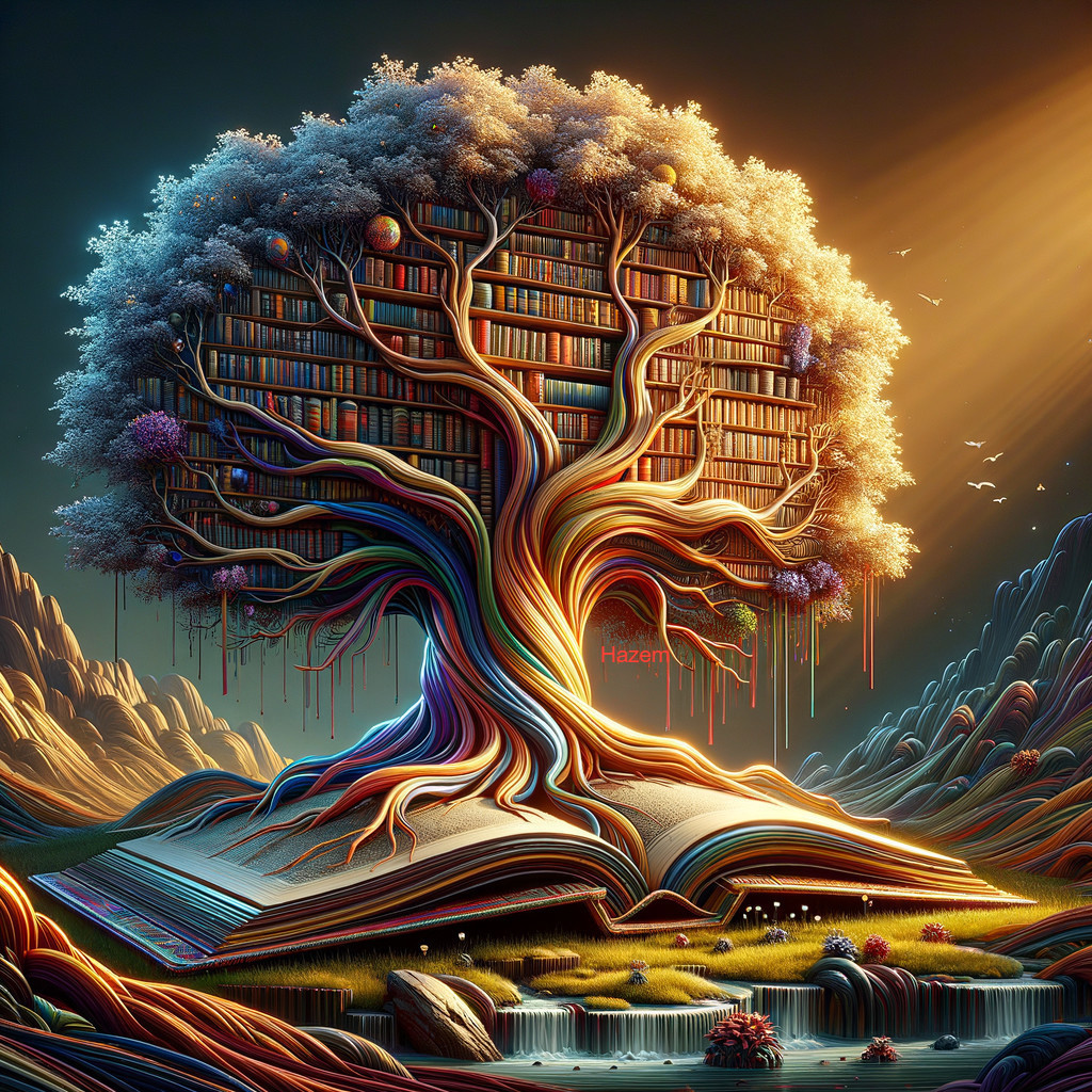 Majestic tree with swirling branches and books