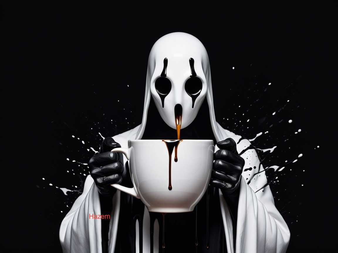 Ghostly Figure in White Cloak with Dark Liquid Spill