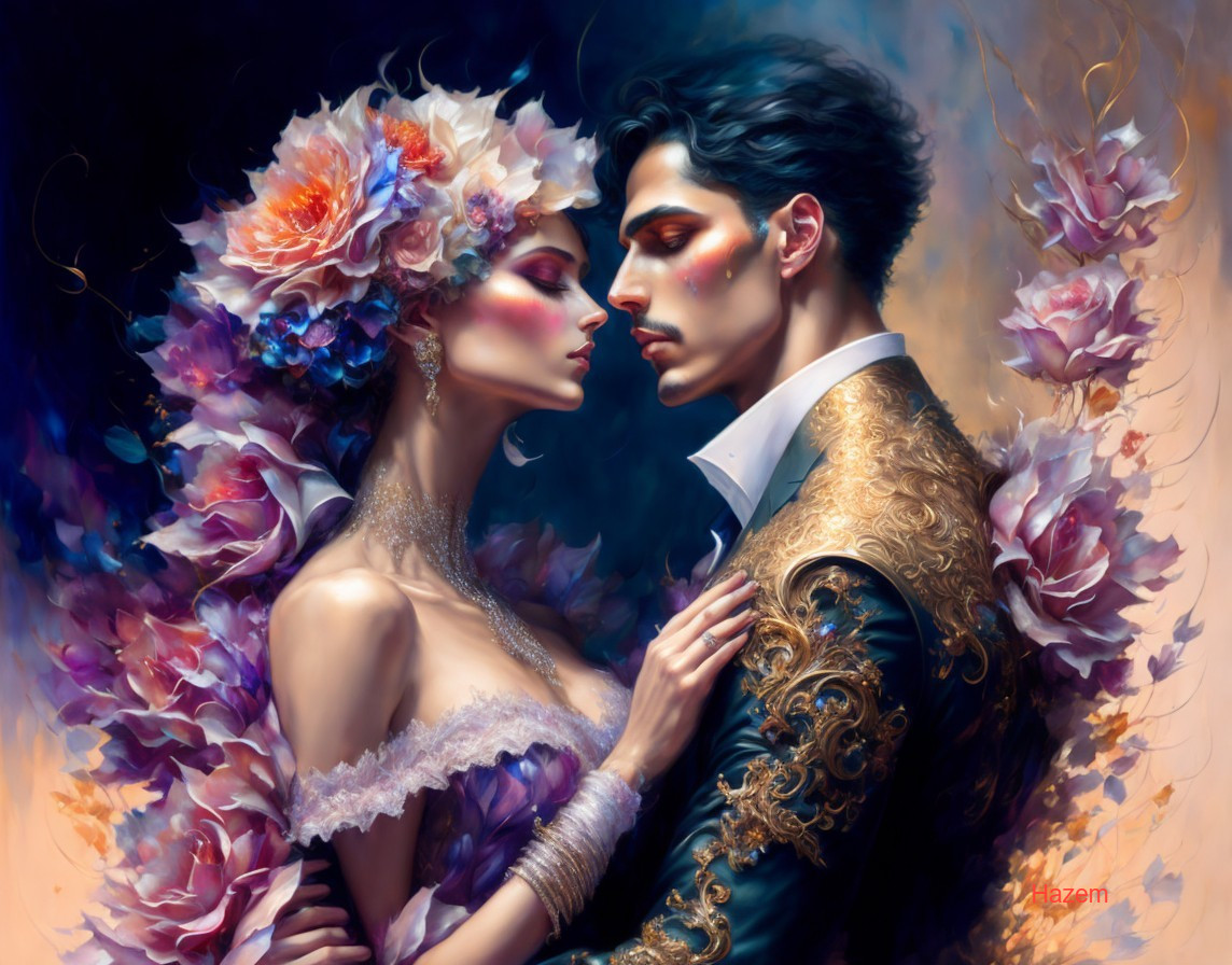 Romantic couple digital painting with floral headpiece and decorated jacket