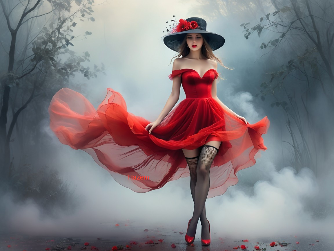 Woman in red dress in misty forest setting