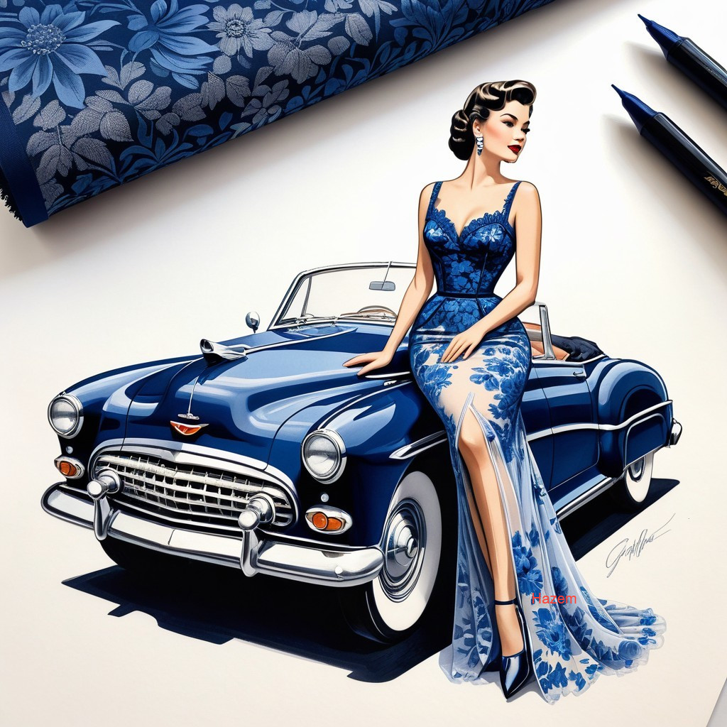 Vintage Illustration of Woman in Blue Floral Gown