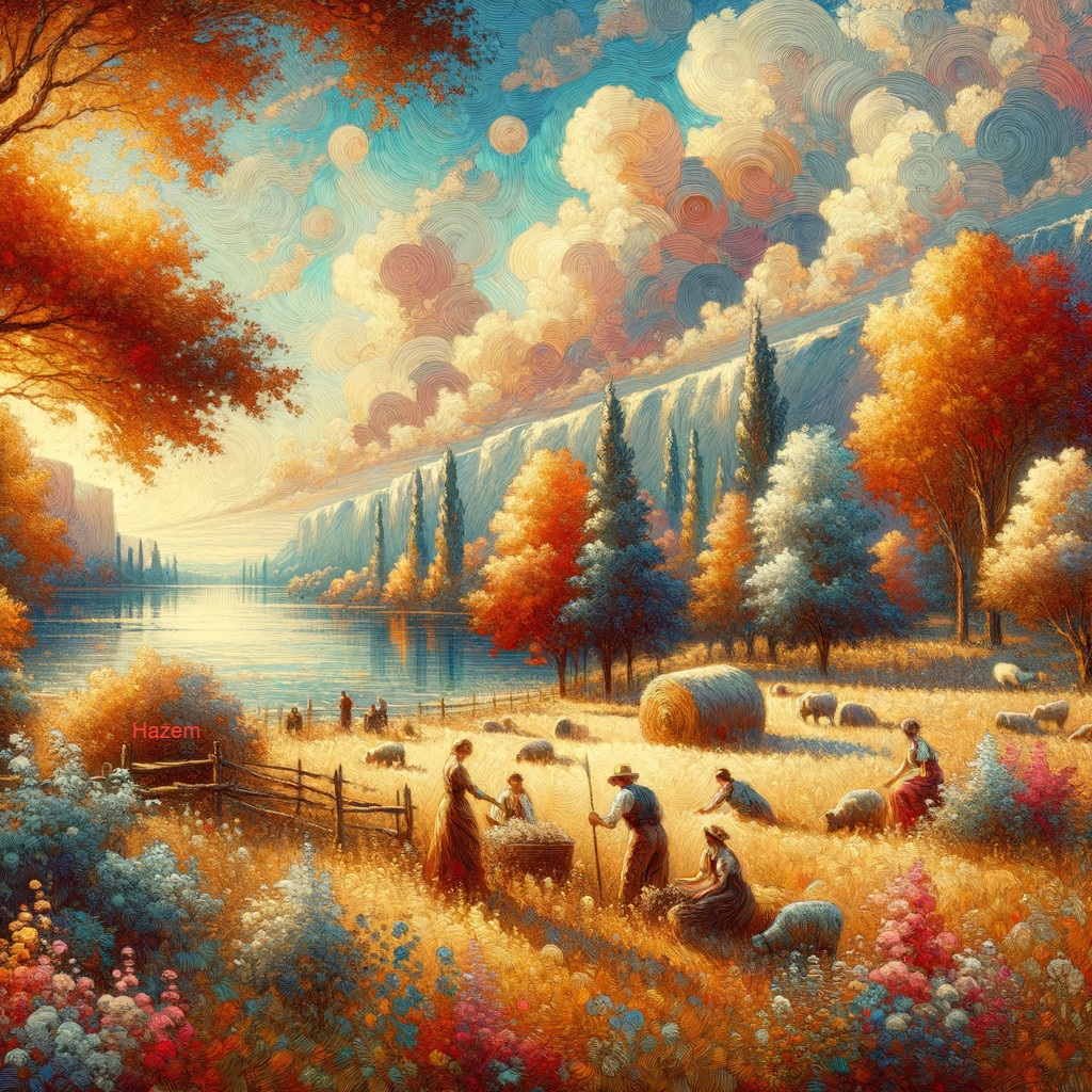 Impressionistic Landscape with Women Harvesting by River