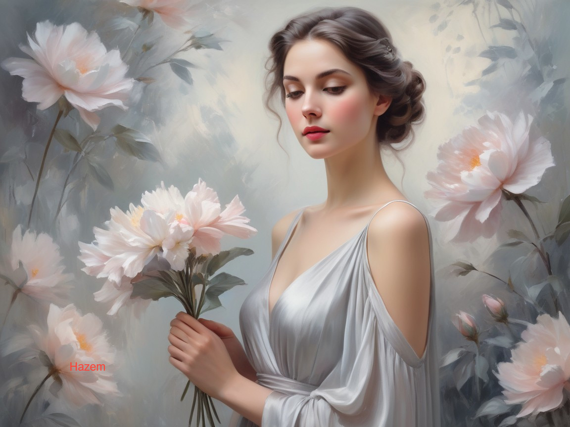 Portrait of a young woman with pink peonies in a dress