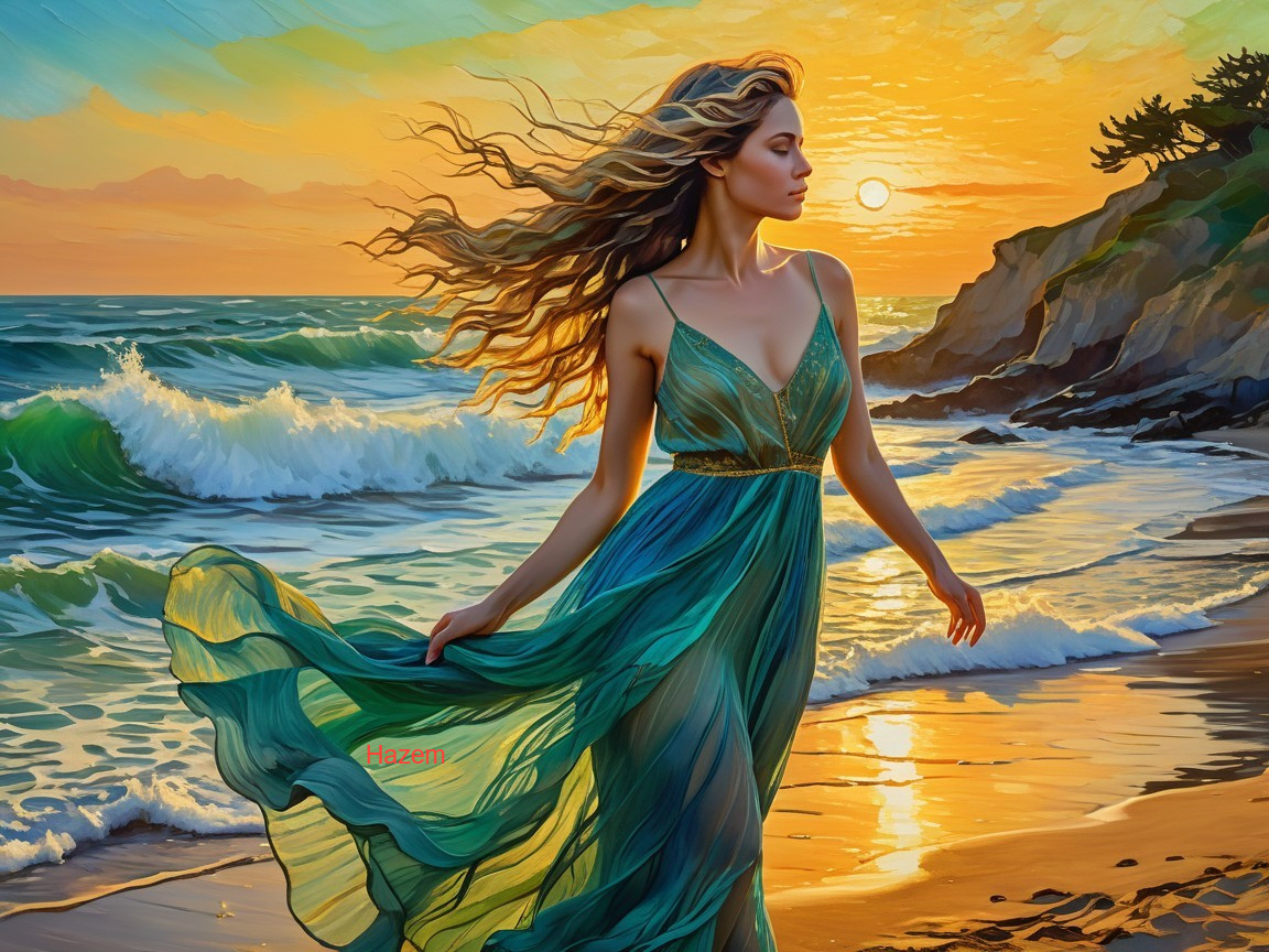 Woman in Green Dress on Sunset Beach Scene