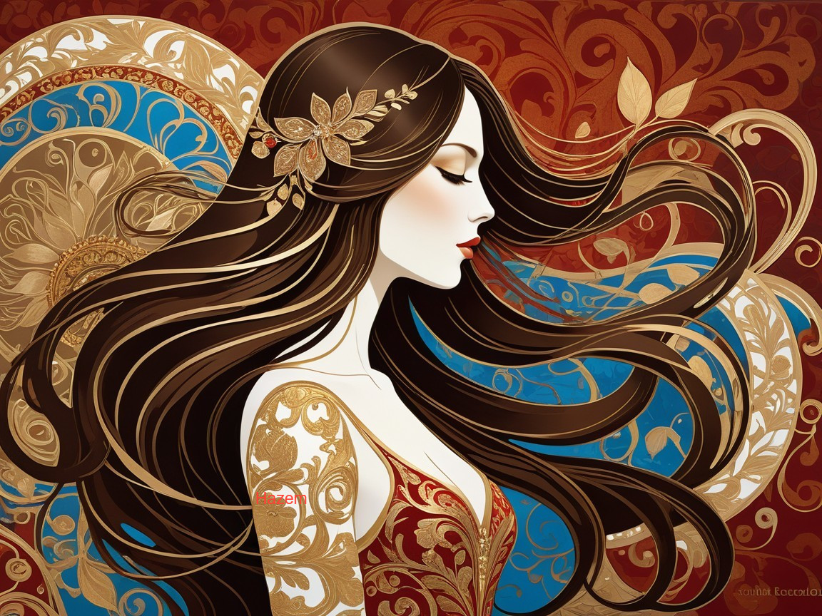 Stylized woman with golden patterns and vibrant colors