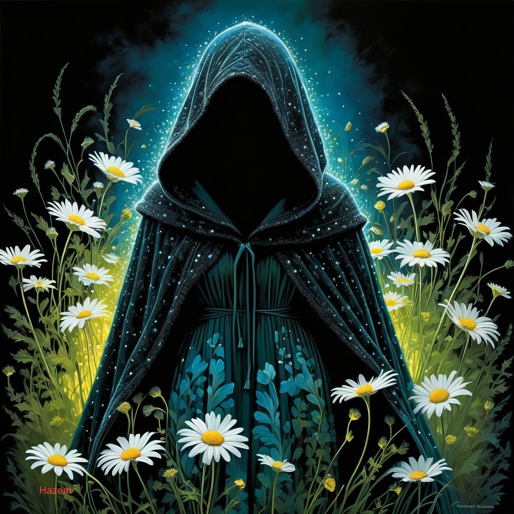 Mysterious Figure in Dark Robe Among Daisies