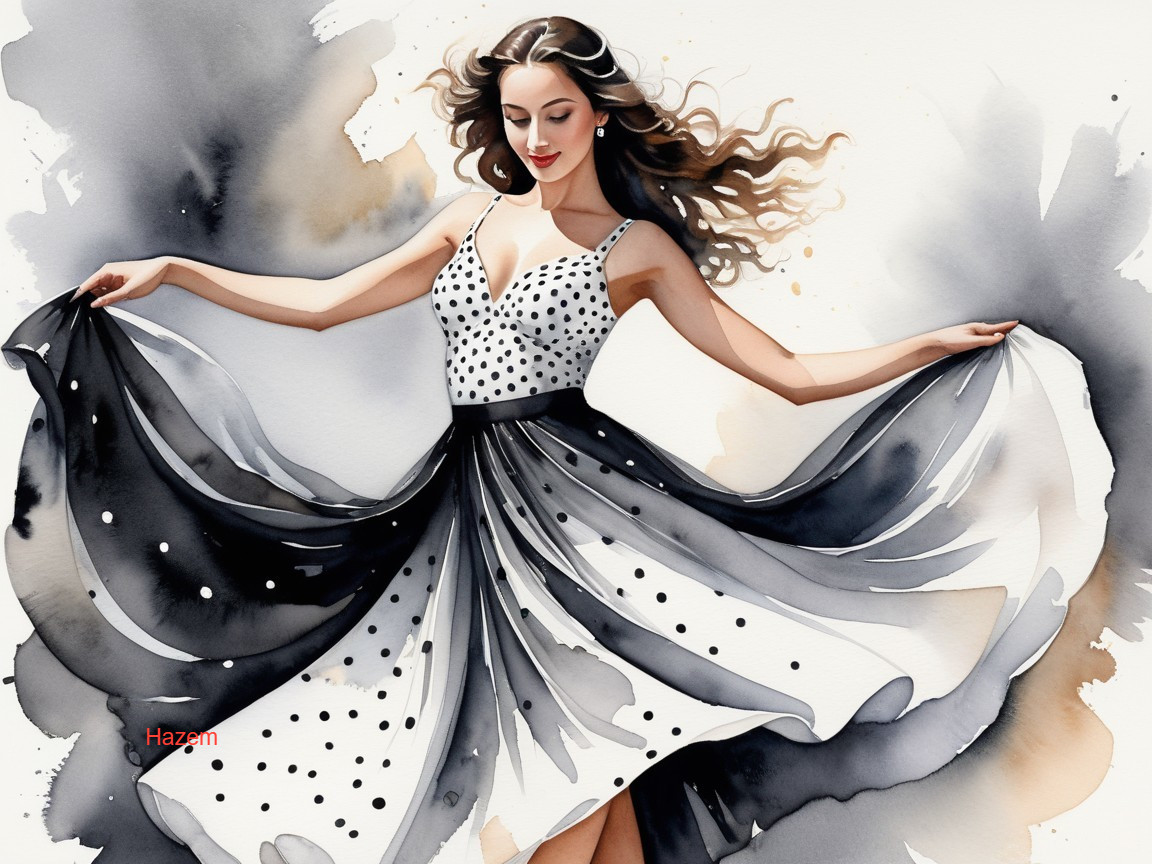 Watercolor of Woman in Polka Dot Dress Twirling