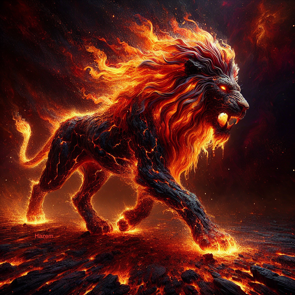 Majestic lion with fiery mane in volcanic landscape