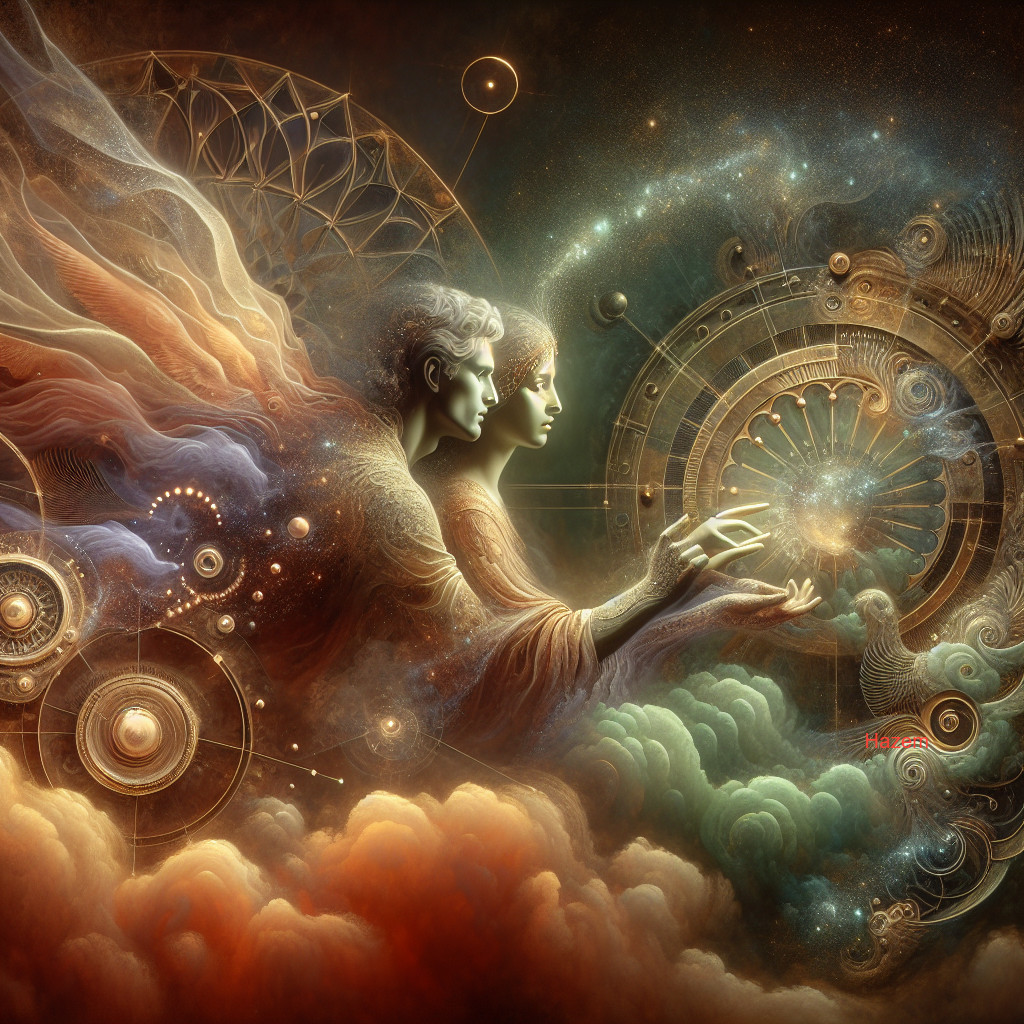 Ethereal Figures in Cosmic Swirl and Geometric Patterns