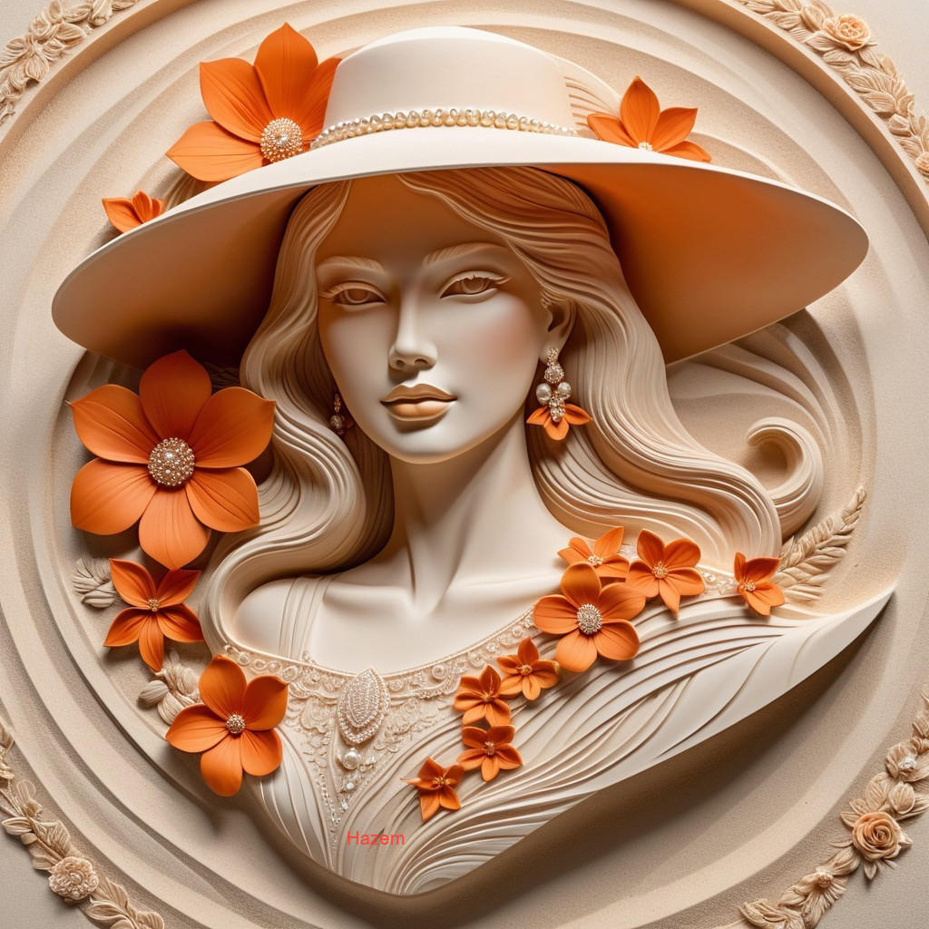 Sculpted Female Figure with Floral Elements and Hat