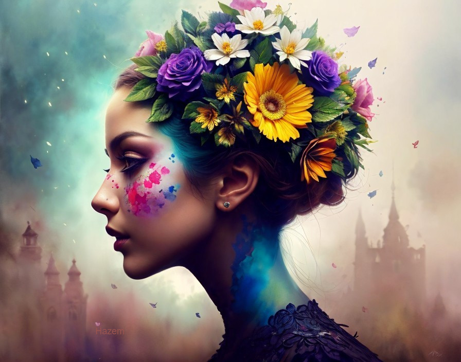 Woman with Floral Crown and Colorful Face Paint
