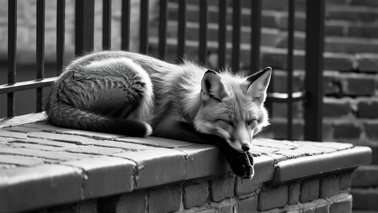 Fox Resting on Stone Ledge in Natural Setting