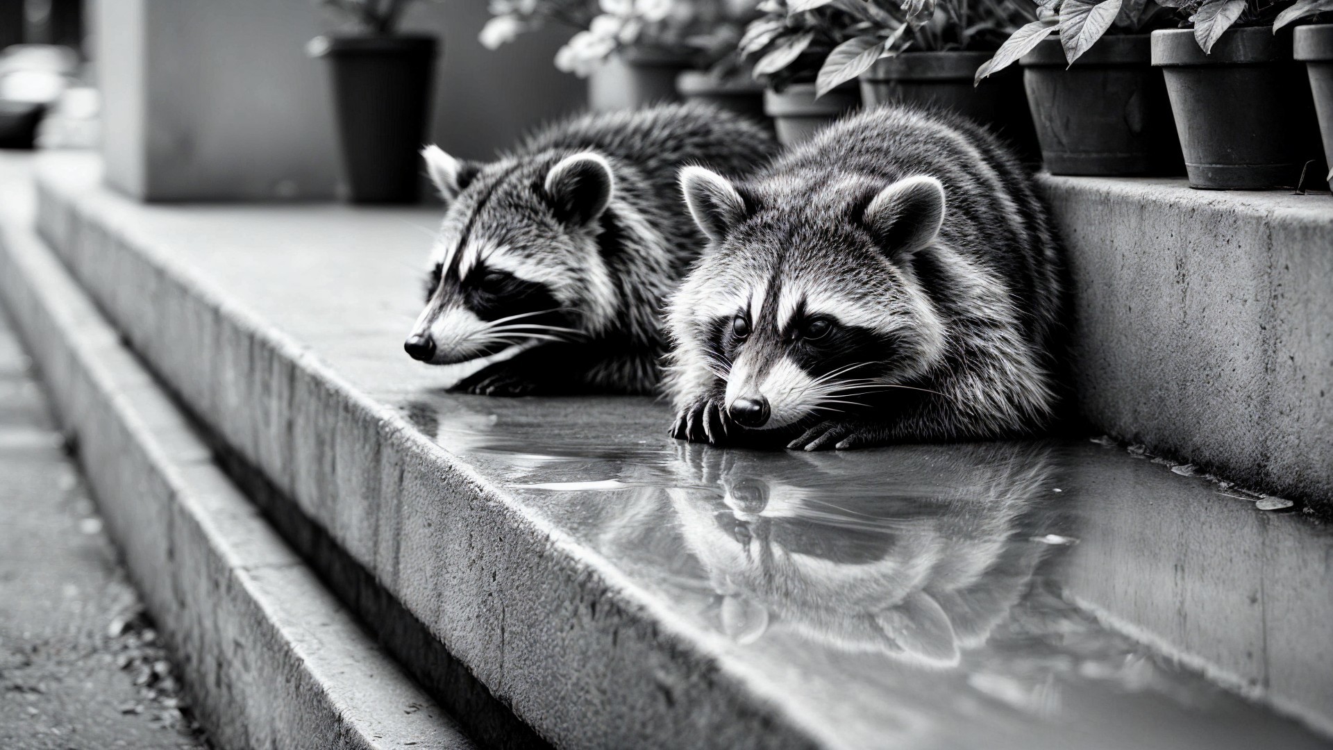 Raccoons Resting on Sidewalk with Potted Plants