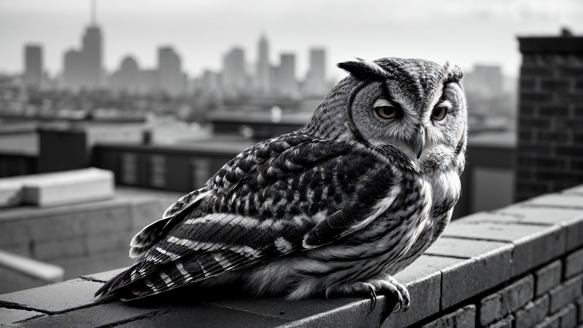 Majestic Owl on Brick Ledge with City Skyline Background