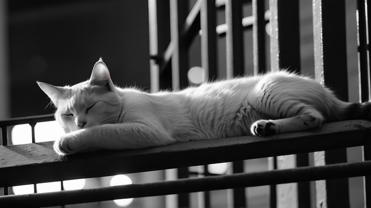 Serene White Cat Sleeping on Railing in Black and White