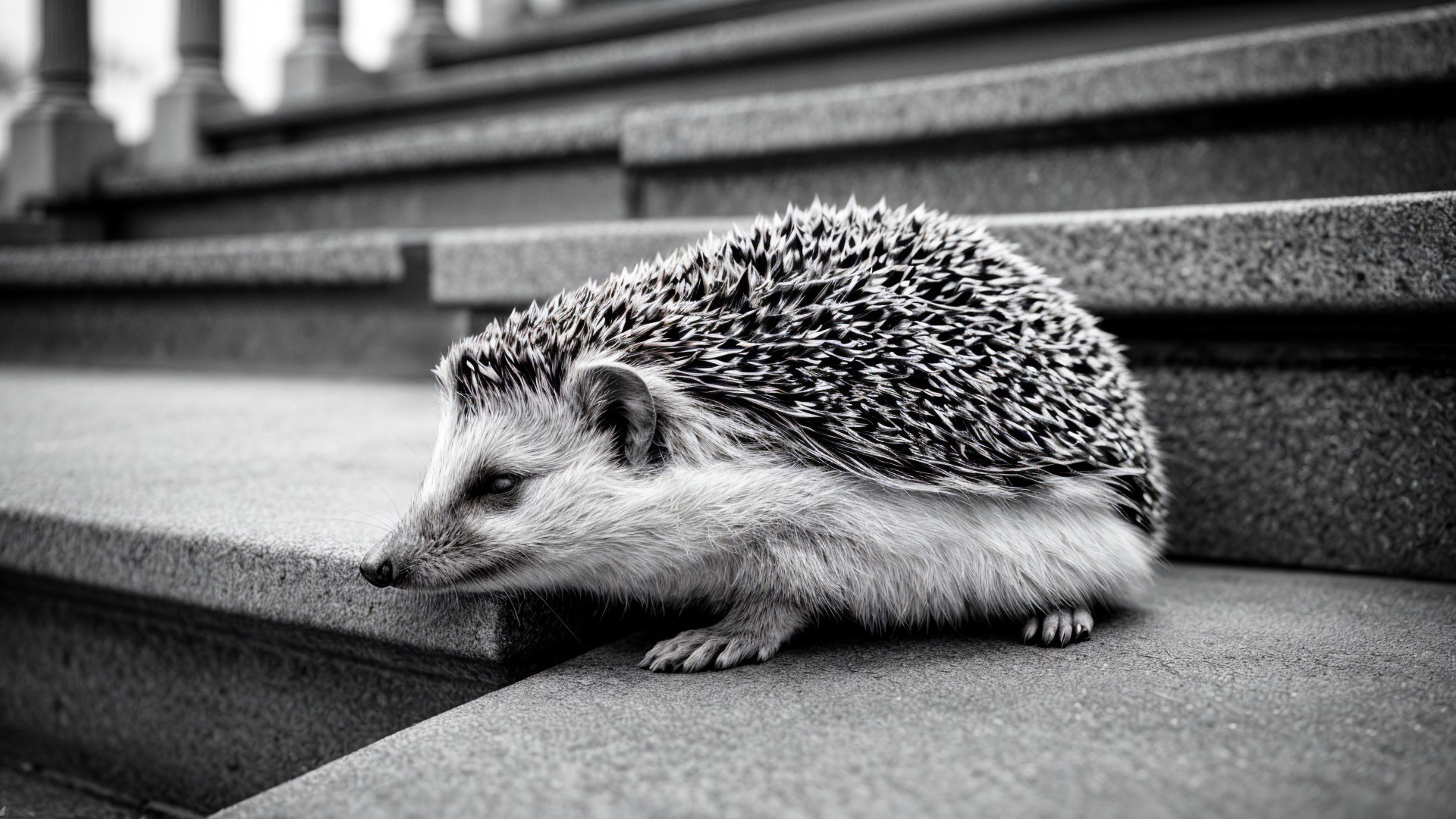 Hedgehog on Outdoor Stone Steps in Black and White