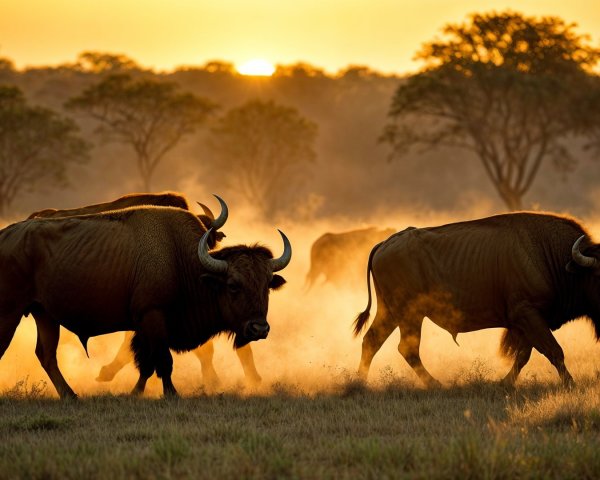 Wildebeests on the Savanna at Sunset in Golden Light