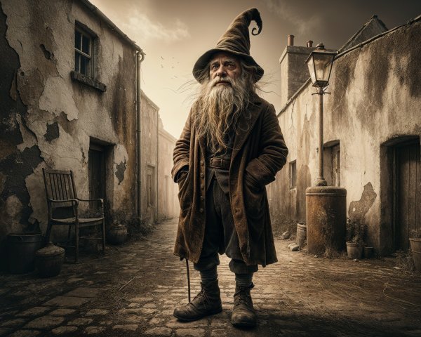 Wizard in Tattered Robe on Weathered Village Street