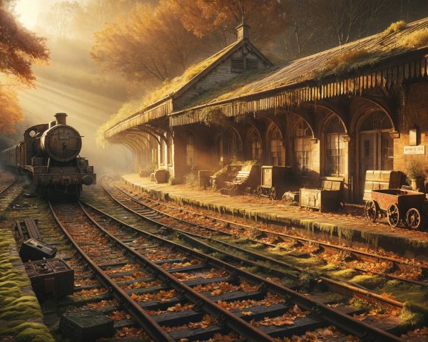 Abandoned Train Station in Autumn with Steam Locomotive