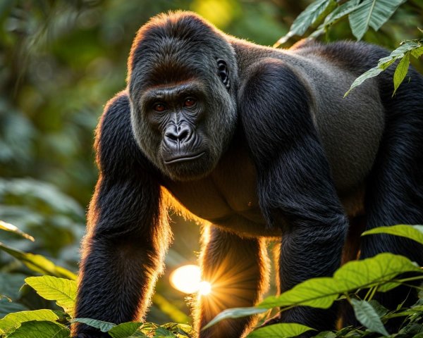 Western gorilla with silver back in a sunlit forest