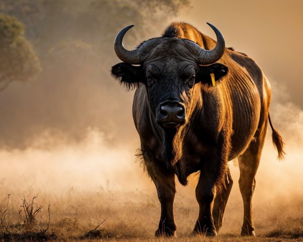 Low-angle shot of a bull in sunset-lit field